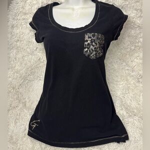 G by Guess Black Scoop Neck Tee with Leopard Pocket vintage Y2K